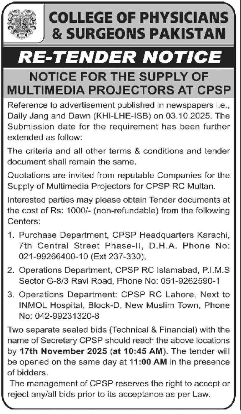 College of Physicians & Surgeons Tender Notice